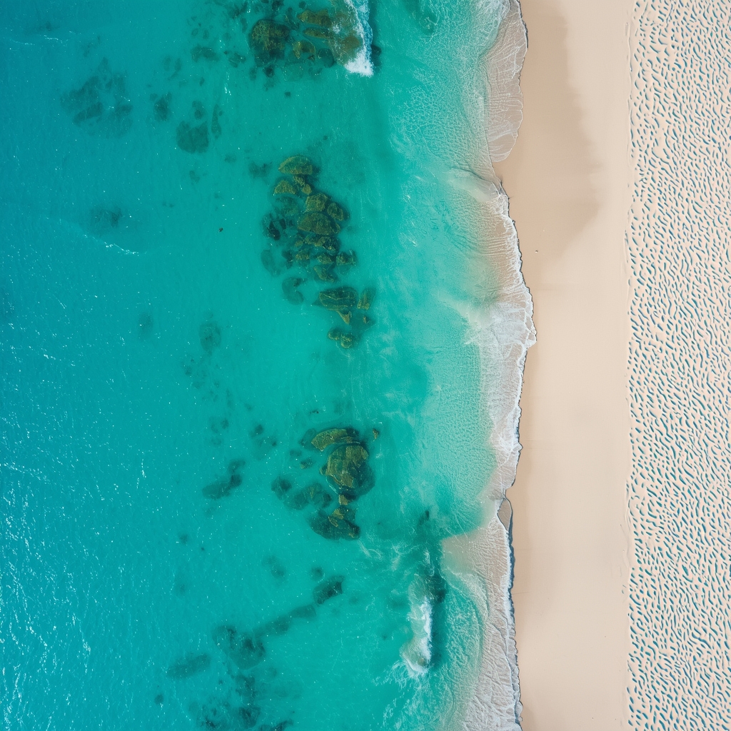 pristine tropical beach with white sand and turquoise water, aerial view, relaxation and paradise theme, high quality, nano banana